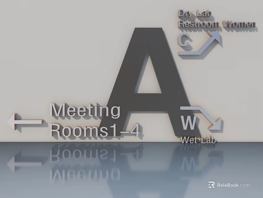 Swing Door Directional Signs Leading to Day Lab Restroom Women Meeting Rooms1-4 and Web Lab 3d model 