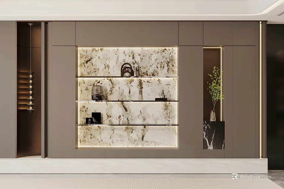 Modern Lighted Display Cabinet With Marble Shelves And Decorative Items Interior 3d model