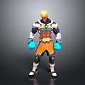 Game And Movie Character With Golden Hair Colorful Armored Outfit Blue Gloves And Orange Shorts