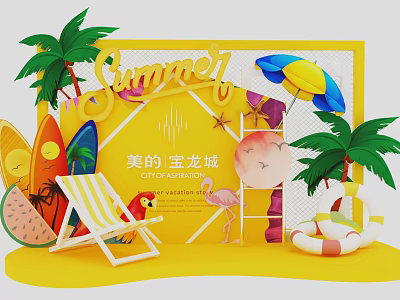 Summer Themed Photo Check In Spot With Palm Trees Surfboards And Flamingo Decorations 3d model