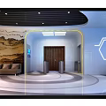 Modern Break Room With White Curved Counter Display Shelves TV Screens And Bar Stools