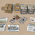 Collection of Various Stacked Newspapers Featuring Different Titles and Cardboard Boxes