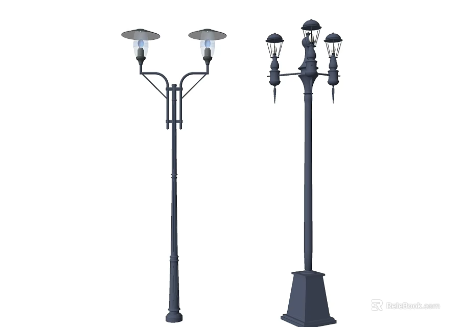 Outdoor Lights With Double And Triple Head Designs On Classic Metal Poles 3d model 