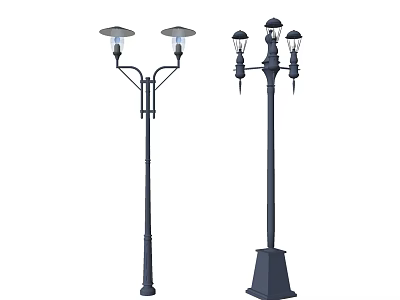 Outdoor Lights With Double And Triple Head Designs On Classic Metal Poles 3d model