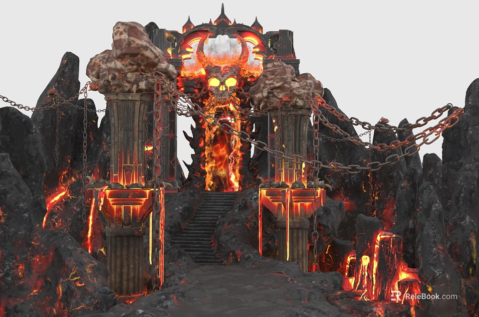 Volcanic Gateway With Stone Staircase Glowing Lava Giant Skull And Ancient Chains 3d model 