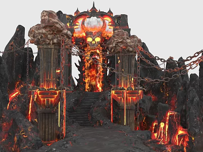 Volcanic Gateway With Stone Staircase Glowing Lava Giant Skull And Ancient Chains 3d model
