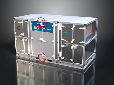 Industrial Air Handling Unit With Silver Casing Blue Panel Red Indicators And Control Components 3d model