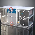 Industrial Air Handling Unit With Silver Casing Blue Panel Red Indicators And Control Components