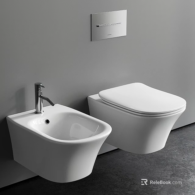 Modern White Wall Mounted Toilet With Bidet And Gray Bathroom Interior 3d model 