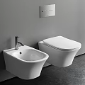Modern White Wall Mounted Toilet With Bidet And Gray Bathroom Interior