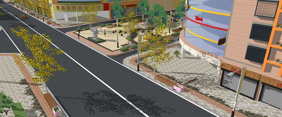Vibrant Commercial Shopping Street With Red Signboard Trees And Street Lamps 3d model 