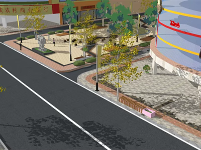 Vibrant Commercial Shopping Street With Red Signboard Trees And Street Lamps 3d model