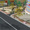Vibrant Commercial Shopping Street With Red Signboard Trees And Street Lamps