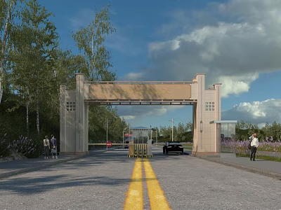 Traditional Stone Entrance Gate With Trees Along Road And Cars Near Pedestrians 3d model