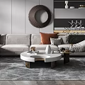 Modern Living Room Interior With Grey L Shaped Sofa Green Armchair And Circular Mirror