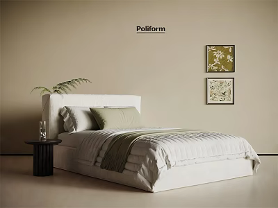 Modern Single Bed With White Striped Bedding Beige Wall Black Side Table Green Plant Floral Art 3d model