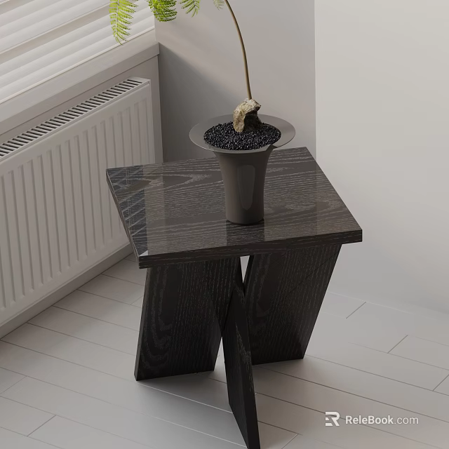 Modern Side Table With Marble Top Black Cross Legs And Decorative Planter In Light Room 3d model 