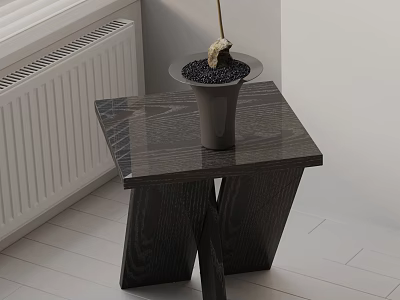 Modern Side Table With Marble Top Black Cross Legs And Decorative Planter In Light Room 3d model