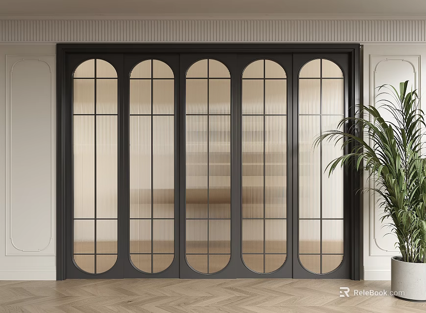 Sliding Doors With Black Frames Arched Glass Panels Light Walls Herringbone Floor And Green Plant 3d model 