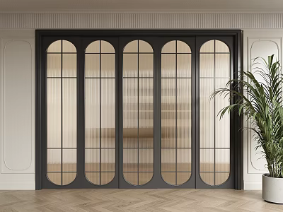 Sliding Doors With Black Frames Arched Glass Panels Light Walls Herringbone Floor And Green Plant 3d model