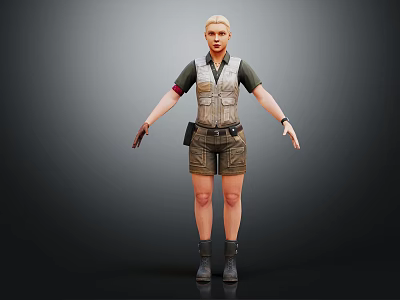 Outdoor Female Explorer In Tactical Vest With Wild Deer In Natural Setting 3d model
