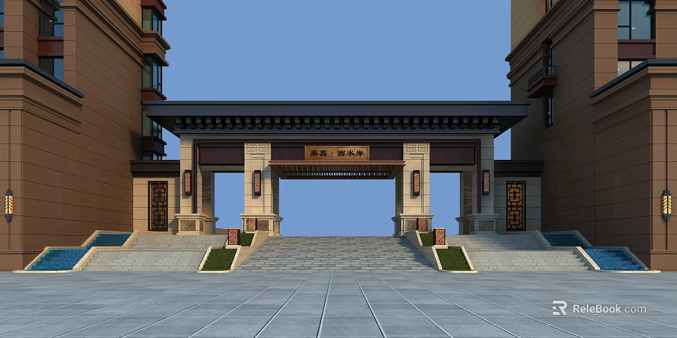 Traditional Style Entrance Gate With Stone Structure Symmetric Steps And Plaque Surrounded by Buildings 3d model 