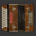 Vintage Wooden Accordion With Red Accents Metal Keys And Decorative Details