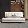 Modern Upholstered Double Bed with White Headboard Wooden Bookshelf Arched Window and Snowy Mountain View