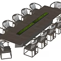 Modern Long Conference Table With Green Centerpiece And Surrounding Accent Chairs