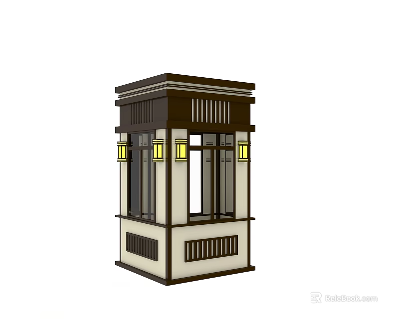 Modern Security Booth With Glass Windows Wooden Structure And Lighting Fixtures 3d model 