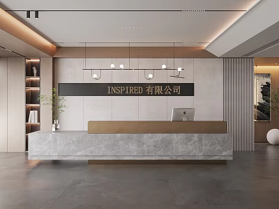 Modern Office Reception Desk with Marble Top Pendant Lights Company Sign and Green Plant 3d model