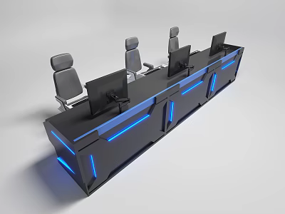 Modern Office Desk With Multiple Chairs Computer Monitors And Blue LED Lighting 3d model