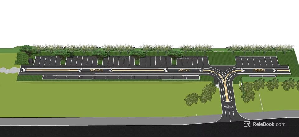 Urban Road Layout With Caution Sign Green Belt Trees And Lanes 3d model 