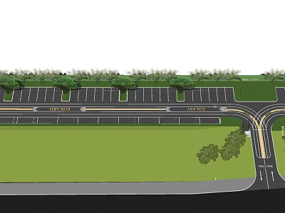 Urban Road Layout With Caution Sign Green Belt Trees And Lanes 3d model