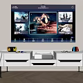Wall Mounted Smart TV Displaying Multiple Movie Posters In Modern Living Room With White TV Stand
