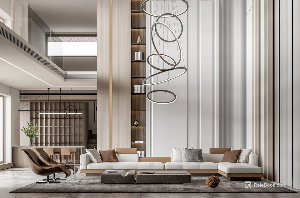 Duplex Living Room Modern Interior Design With Sofa Chandelier And Bookshelf 3d model 