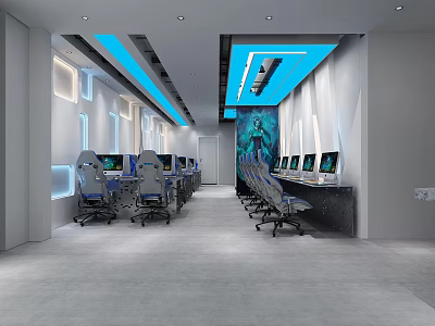 Modern Gaming Internet Cafe With Blue Lighting Comfortable Seats And Computer Desks 3d model