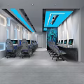 Modern Gaming Internet Cafe With Blue Lighting Comfortable Seats And Computer Desks