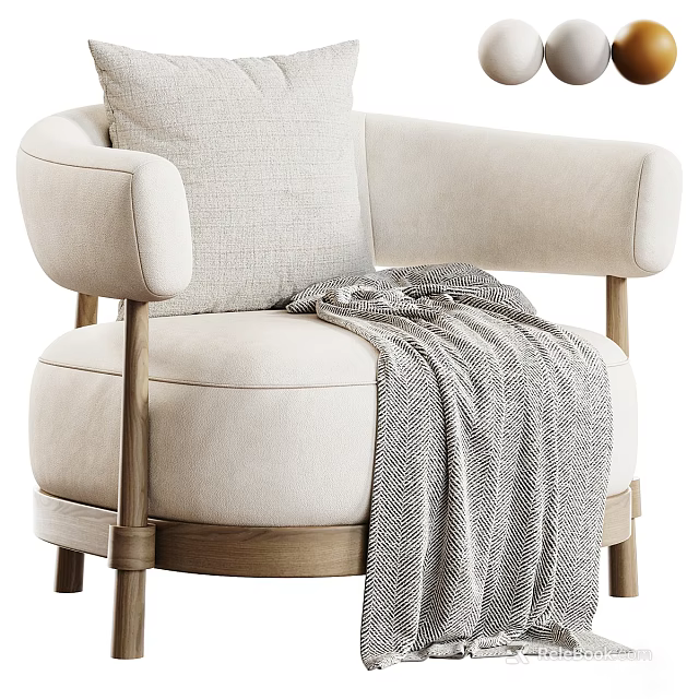 Beige Armchair With Rounded Armrests Wooden Legs And Gray Knitted Blanket 3d model 