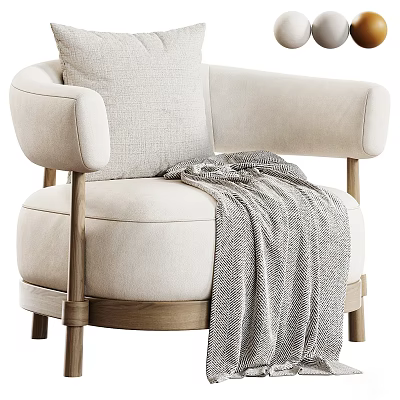 Beige Armchair With Rounded Armrests Wooden Legs And Gray Knitted Blanket 3d model