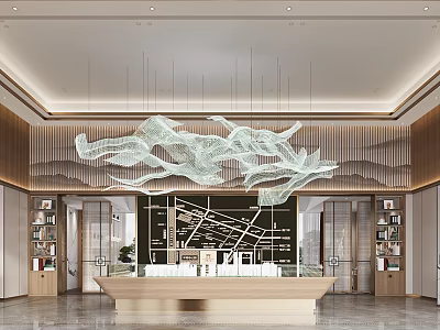 Elegant Modern Sales Office Interior With Artistic Chandelier Reception Desk And Floor Plan 3d model