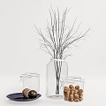 Minimalist Clear Glass Vase With Black Branches Small Jars Walnuts Decorative Ball On Black Plate