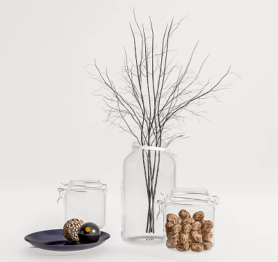 Minimalist Clear Glass Vase With Black Branches Small Jars Walnuts Decorative Ball On Black Plate 3d model