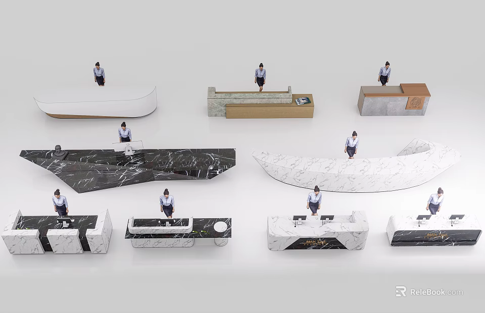 Stylish Reception Desk Designs Featuring Different Materials And Standing Receptionists 3d model