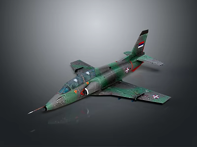 Green Camouflage Fighter Jet Model Featuring Serbian Flag White Crosses On Wings Gray Reflective Background 3d model