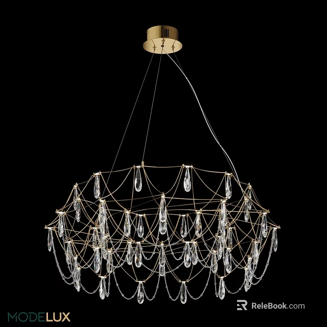 Elegant Gold Metal Frame Crystal Chandelier With Net Like Structure And Hanging Pendants 3d model 