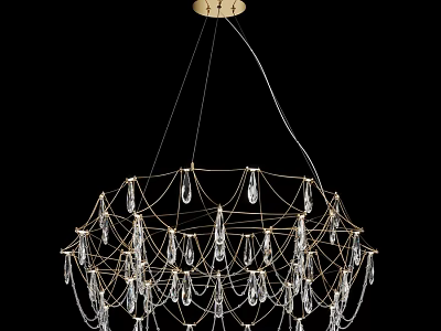Elegant Gold Metal Frame Crystal Chandelier With Net Like Structure And Hanging Pendants 3d model