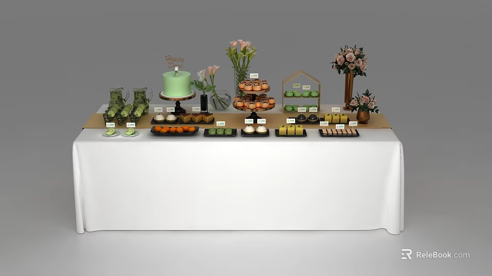 Assorted Dessert Table Display With Green Cake Cupcakes Macarons And Fresh Flowers 3d model