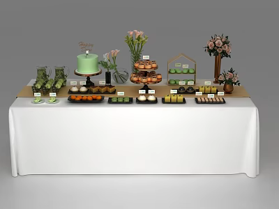 Assorted Dessert Table Display With Green Cake Cupcakes Macarons And Fresh Flowers 3d model