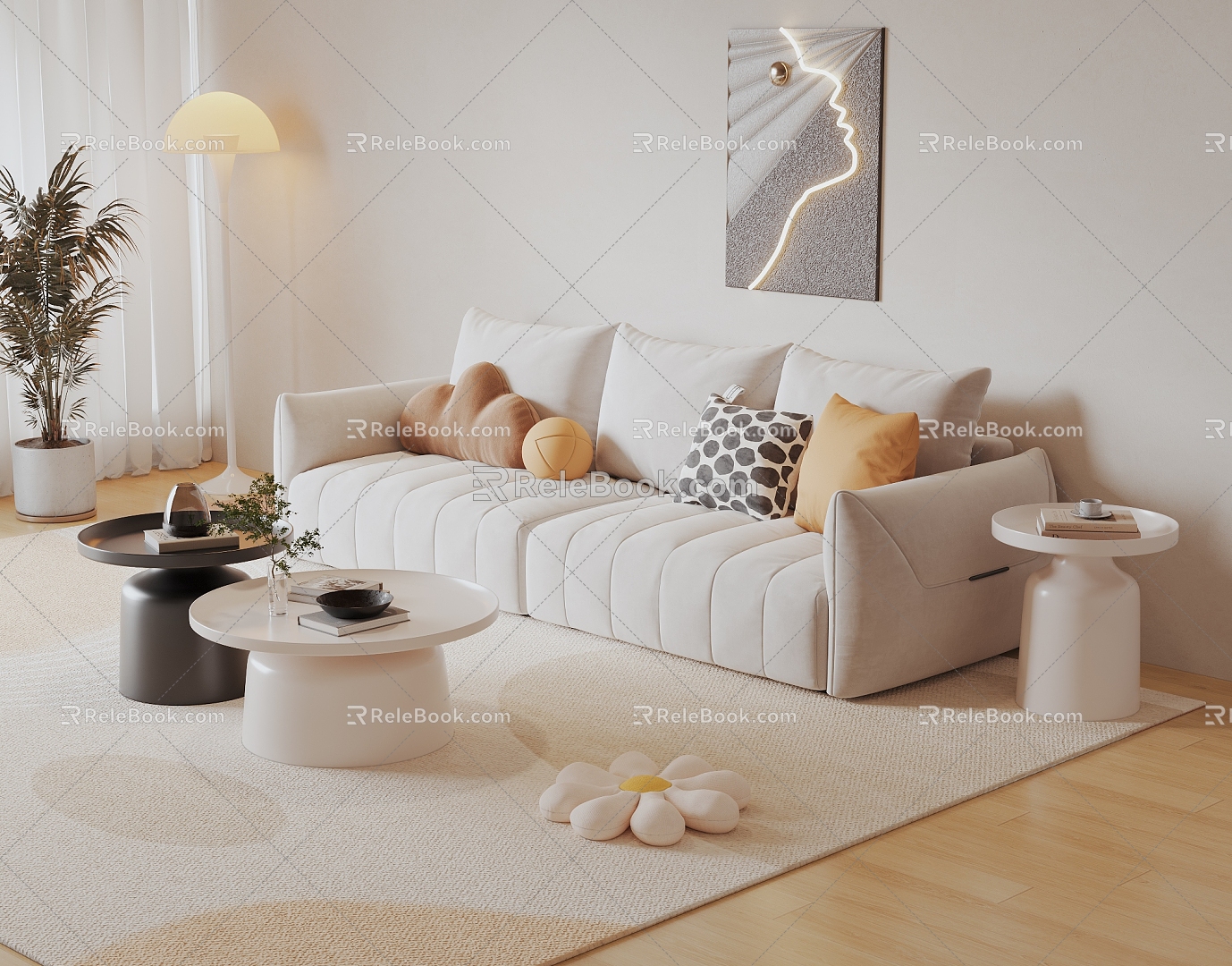 Modern Cream Style Sofa Coffee Table Combination Fabric Sofa Mother and Mother Coffee Table Pillow Decorative Painting Single Person Sofa 3d model